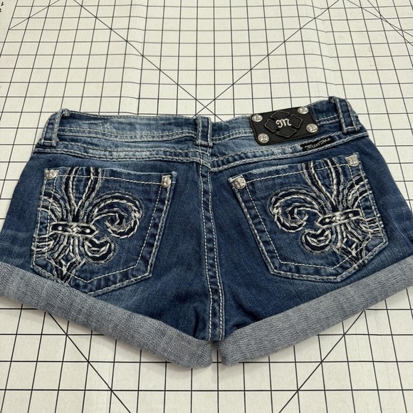 Miss Me Pants - Miss Me Shorts Womens 29 Blue Denim Cuffed Hot Pants Fleur De Lis Pockets JP5187